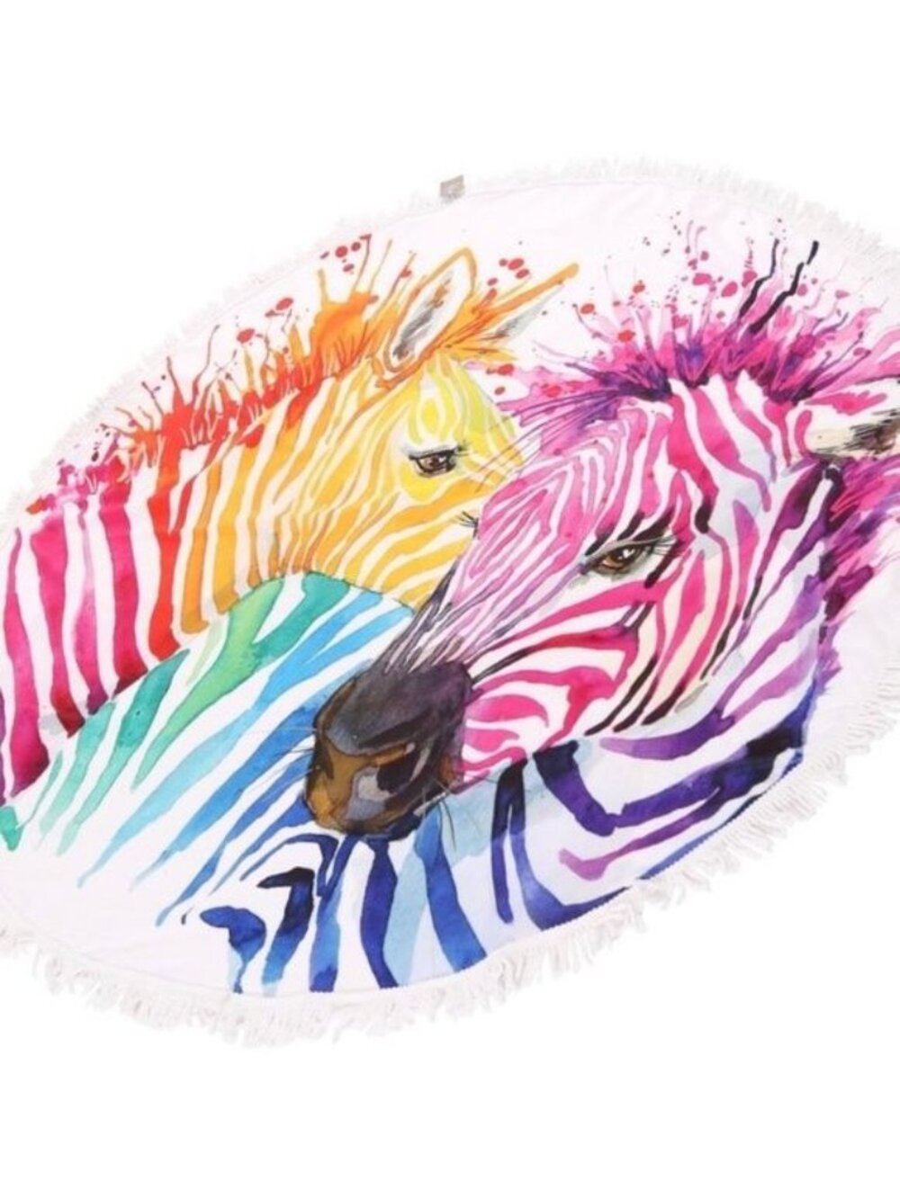Rainbow Zebra Print Fringe Zoo White Cotton Blend Summer Boho Round Beach Towel